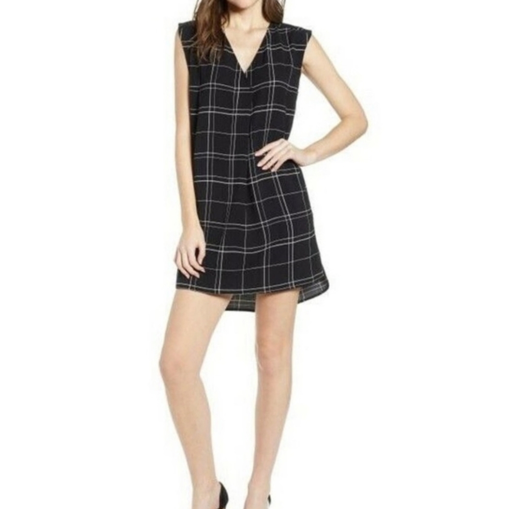 Leith Dress Women Sleeveless Mini Shift Plaid V Neck Black White Medium Work